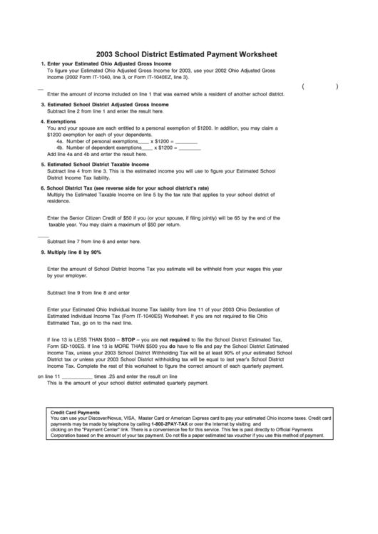 2003 School District Estimated Payment Worksheet Printable pdf
