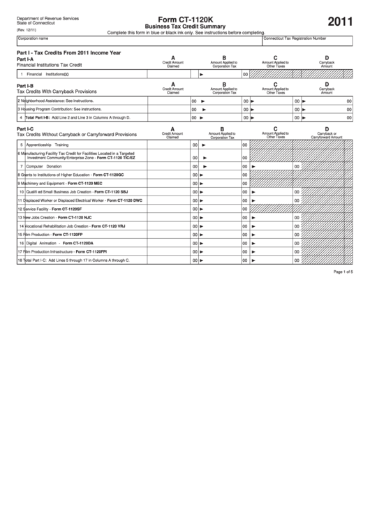 Form Ct-1120k - Business Tax Credit Summary - 2011 Printable pdf