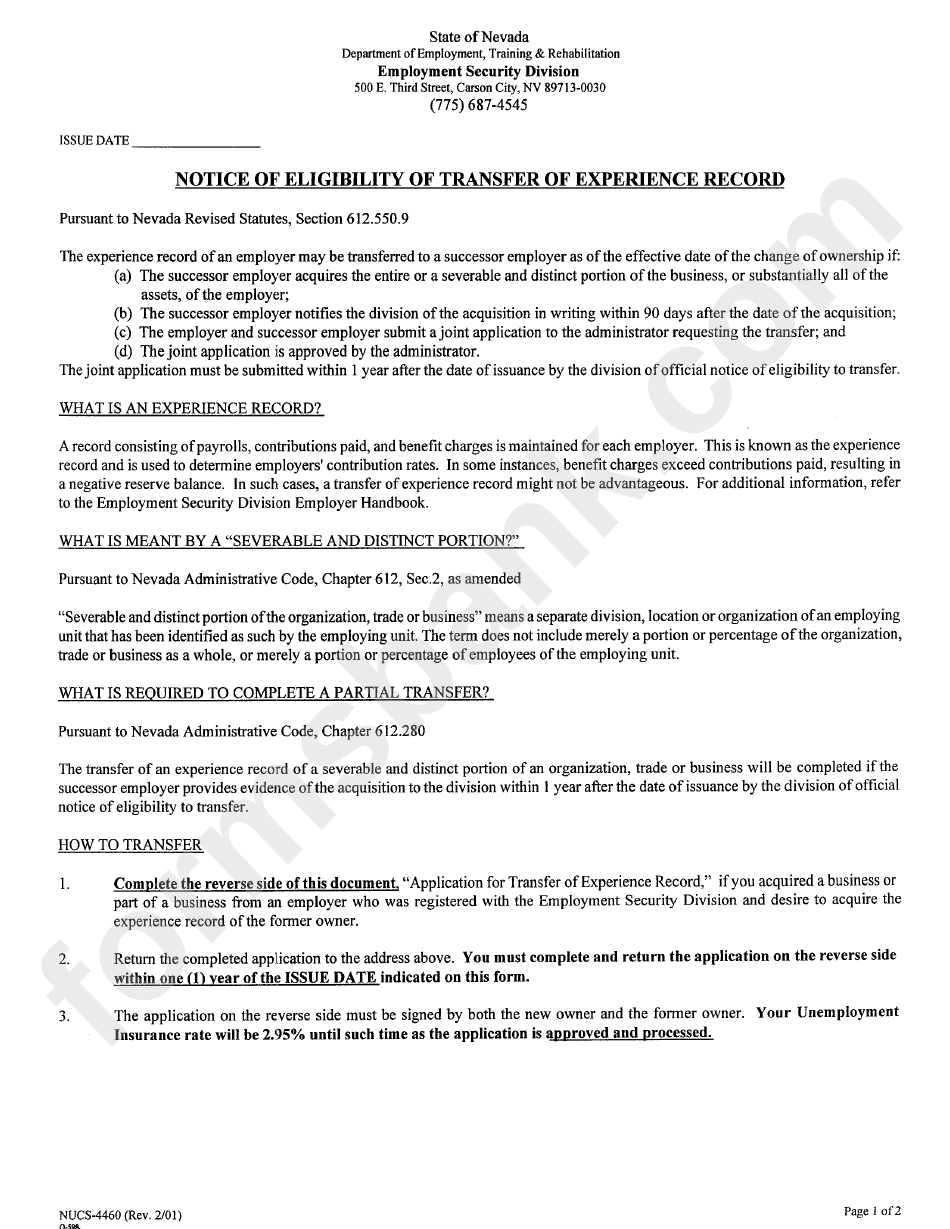 Form Nucs - Notice Of Elegibility Of Transfer Of Experience Record