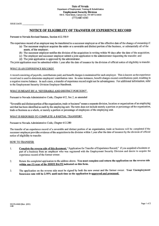 Form Nucs - Notice Of Elegibility Of Transfer Of Experience Record Printable pdf