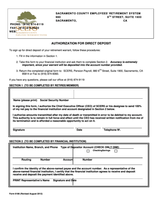 Form 6186 - Authorization For Direct Deposit Printable pdf
