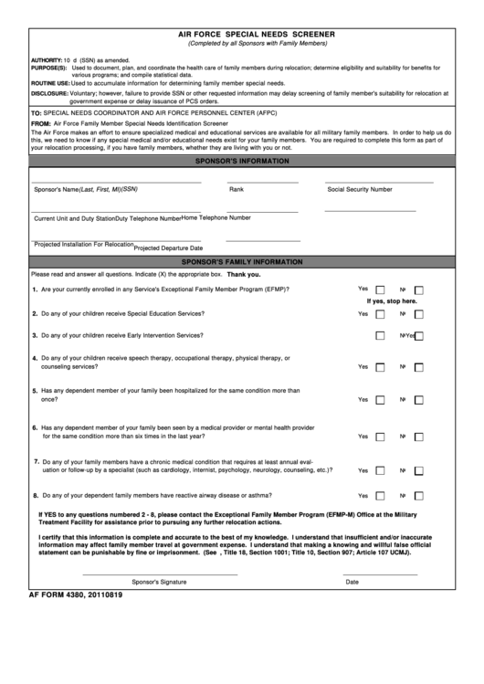 Form 4380 - Air Force Special Needs Screener Printable pdf