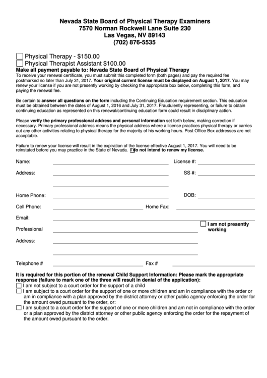 Renewal Certificate Receiving Form - Nevada State Board Of Physical Therapy Examiners Printable pdf