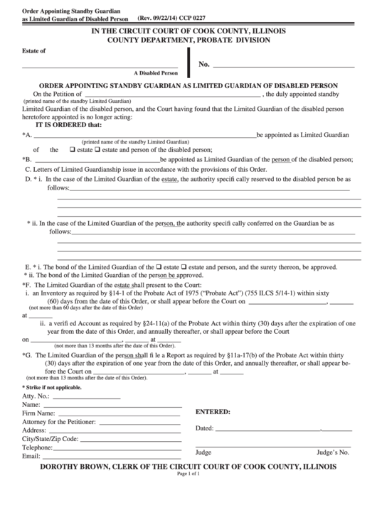 Fillable Form Ccp 0227 - Order Appointing Standby Guardian As Limited Guardian Of Disabled Person Printable pdf