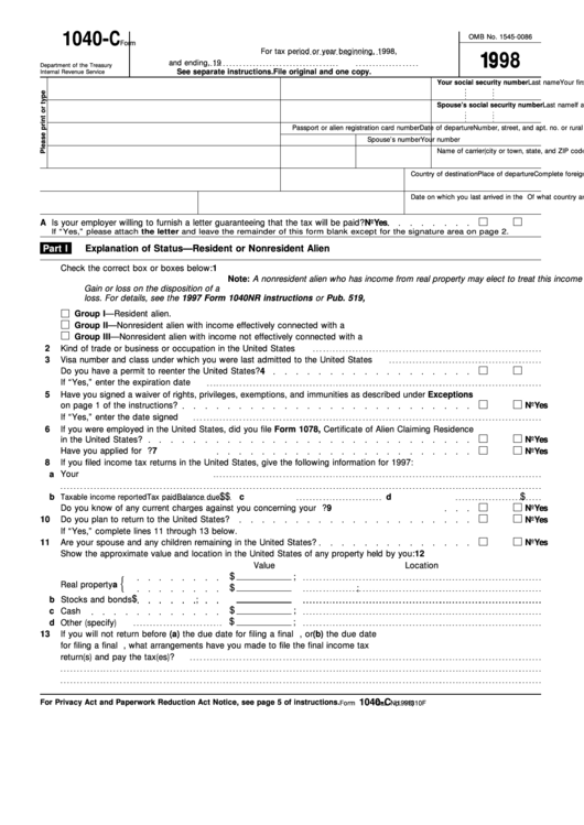 Form 1040-C - U.s. Departing Alien Income Tax Return - 1998 Printable pdf