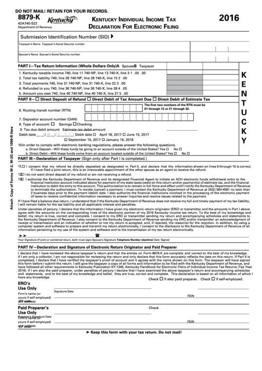 Form 8879-K - Kentucky Individual Income Tax Declaration For Electronic Filing - 2016 Printable pdf