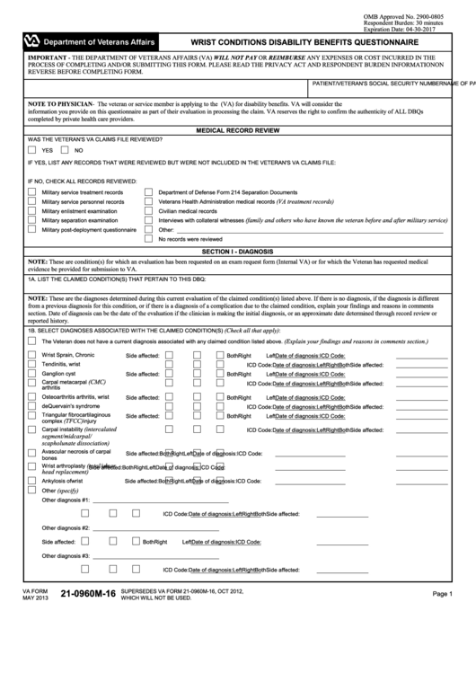 Fillable Form 21-0960m-16 - Wrist Conditions Disability Benefits Questionnaire Printable pdf