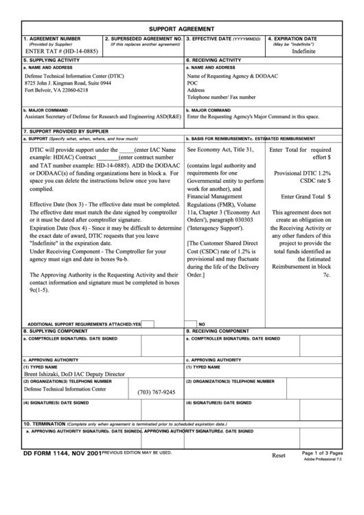 Fillable Form 1144 - Support Agreement Printable pdf