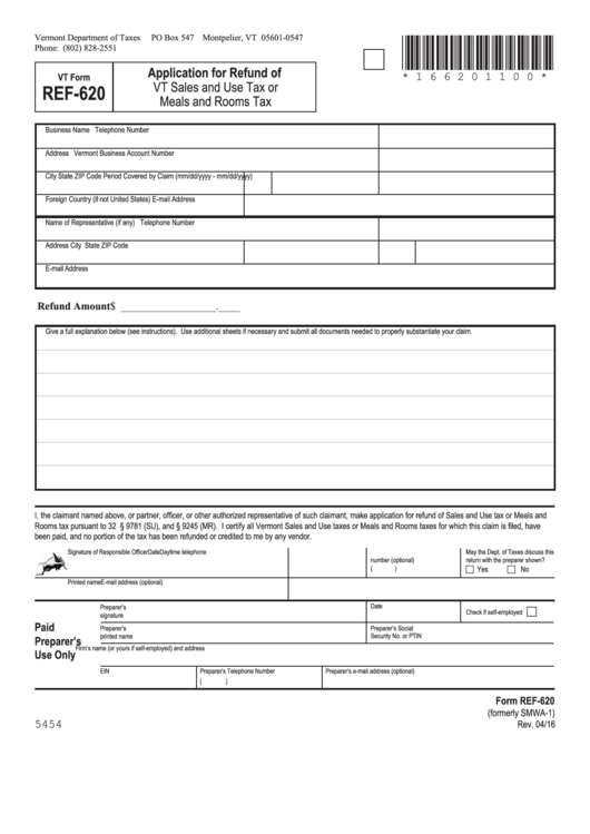 Form Ref-620 - Application For Refund Of Vt Sales And Use Tax Or Meals And Rooms Tax Printable pdf