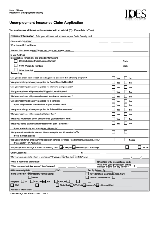 Fillable Form Cli001f - Unemployment Insurance Claim Application Printable pdf