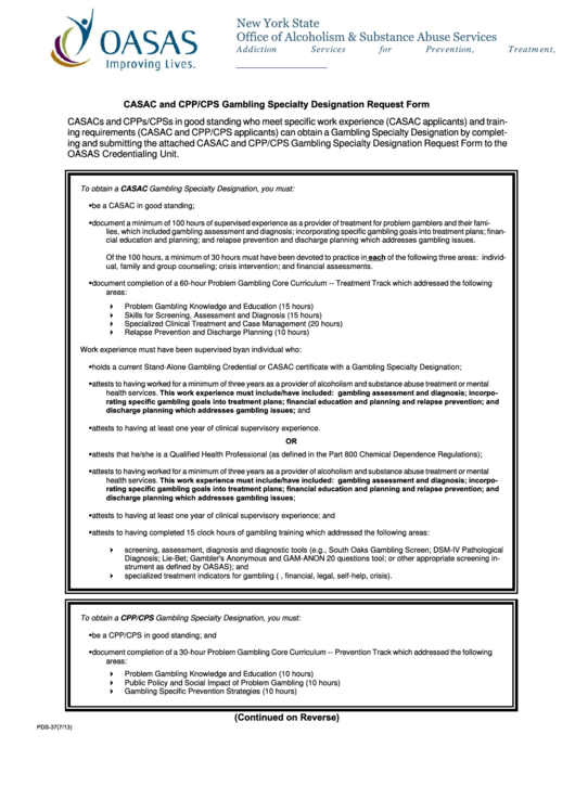 Form Pds-37 - Casac And Cpp/cps Gambling Specialty Designation Request Form