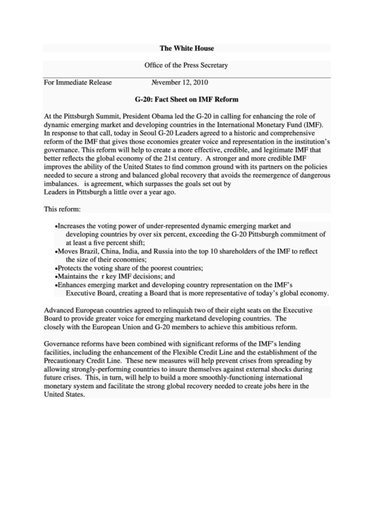 G-20: Fact Sheet On Imf Reform - Office Of The Press Secretary - The White House - U.s. Department Of The Treasury - 2010 Printable pdf