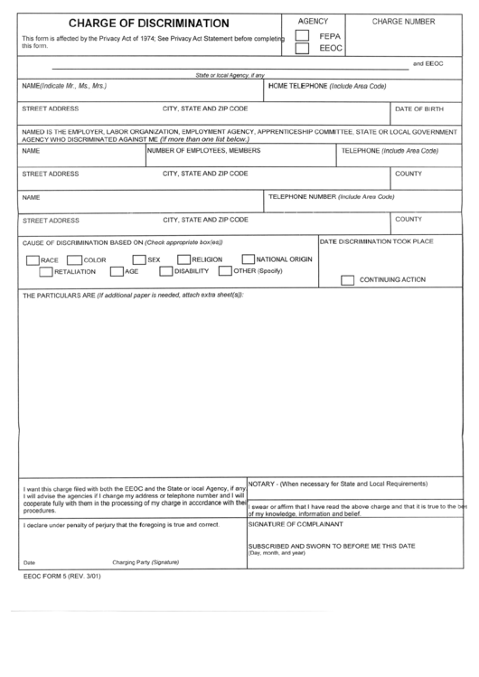 Form 5 - Charge Of Discrimination Printable pdf