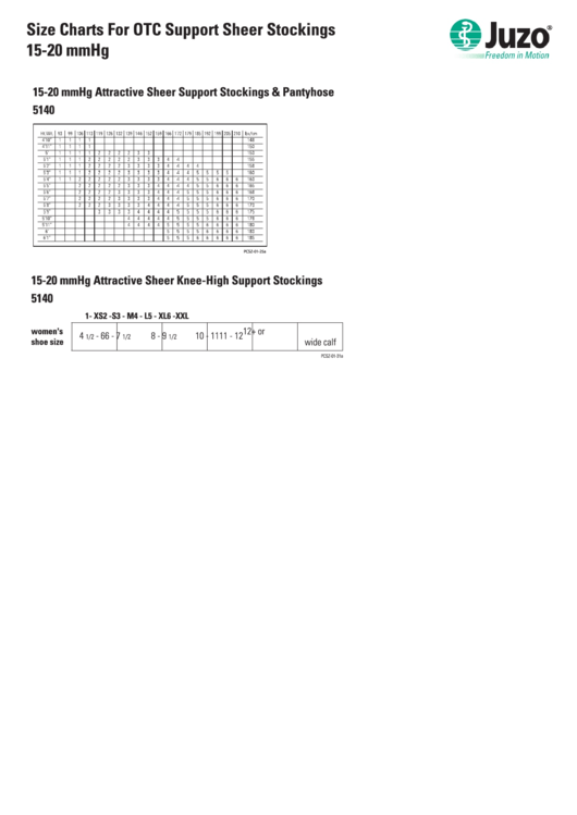 Juzo Size Charts For Otc Support Sheer Stockings 15-20 Mmhg Printable pdf