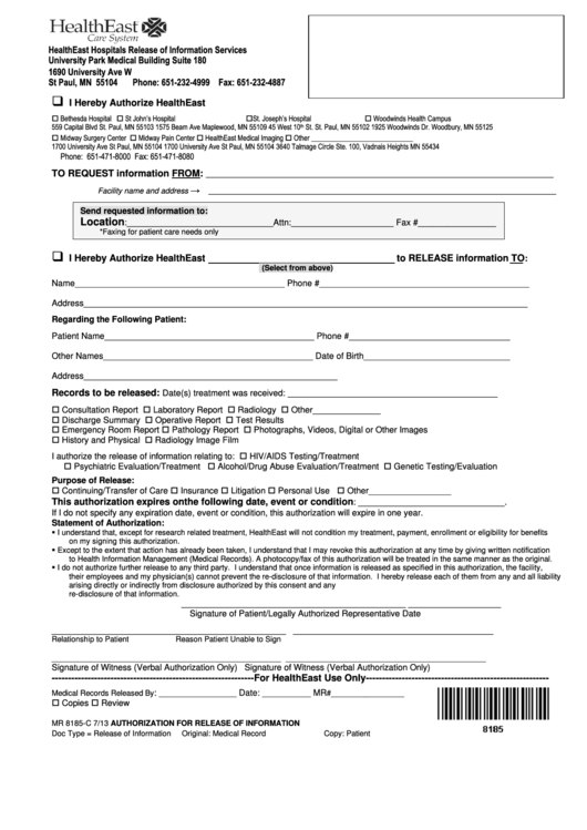 Form Mr 8185-C - Hospital Records Release Form Printable pdf