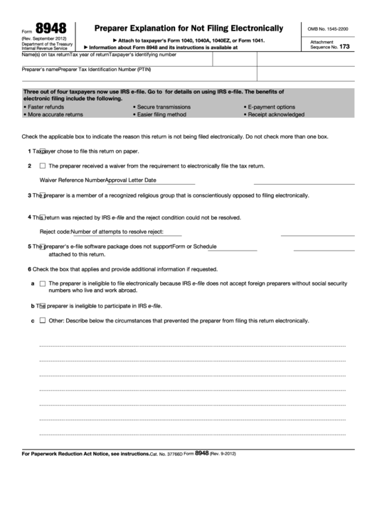 Fillable Form 8948 - Preparer Explanation For Not Filing Electronically Printable pdf
