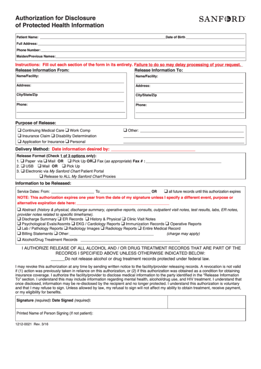 Form 1212-0021 - Authorization For Disclosure Of Protected Health Information Printable pdf