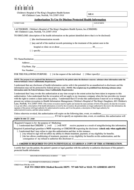 Chkd Form 0764 - Authorization To Use Or Disclose Protected Health Information Printable pdf