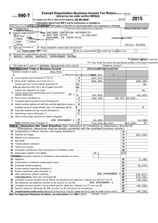 Form 990-t - Exempt Organization Business Income Tax Return - 2015