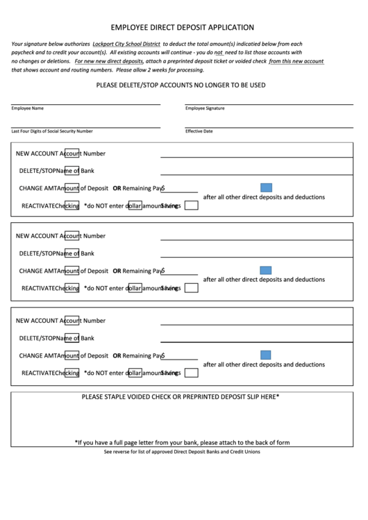 Employee Direct Deposit Application - Lockport City School District Printable pdf