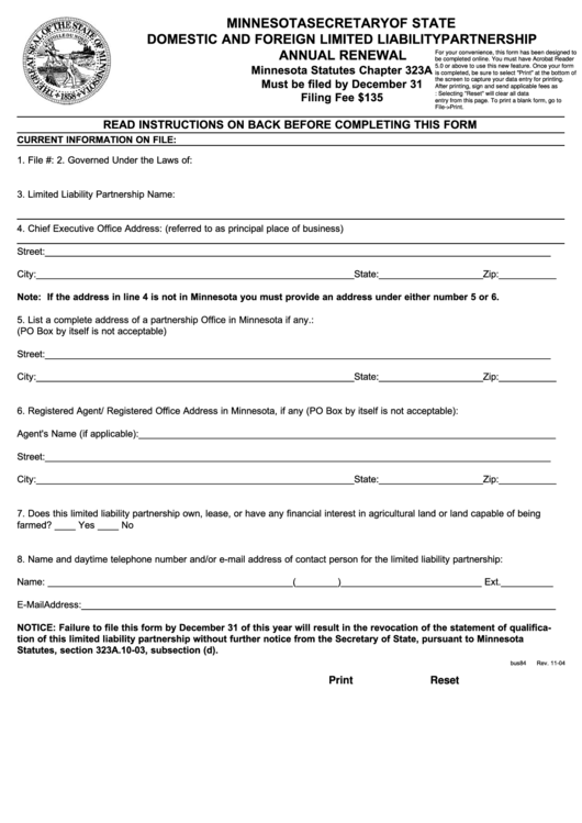 Fillable Form Bus84 - Domestic And Foreign Limited Liability Partnership Annual Renewal Printable pdf