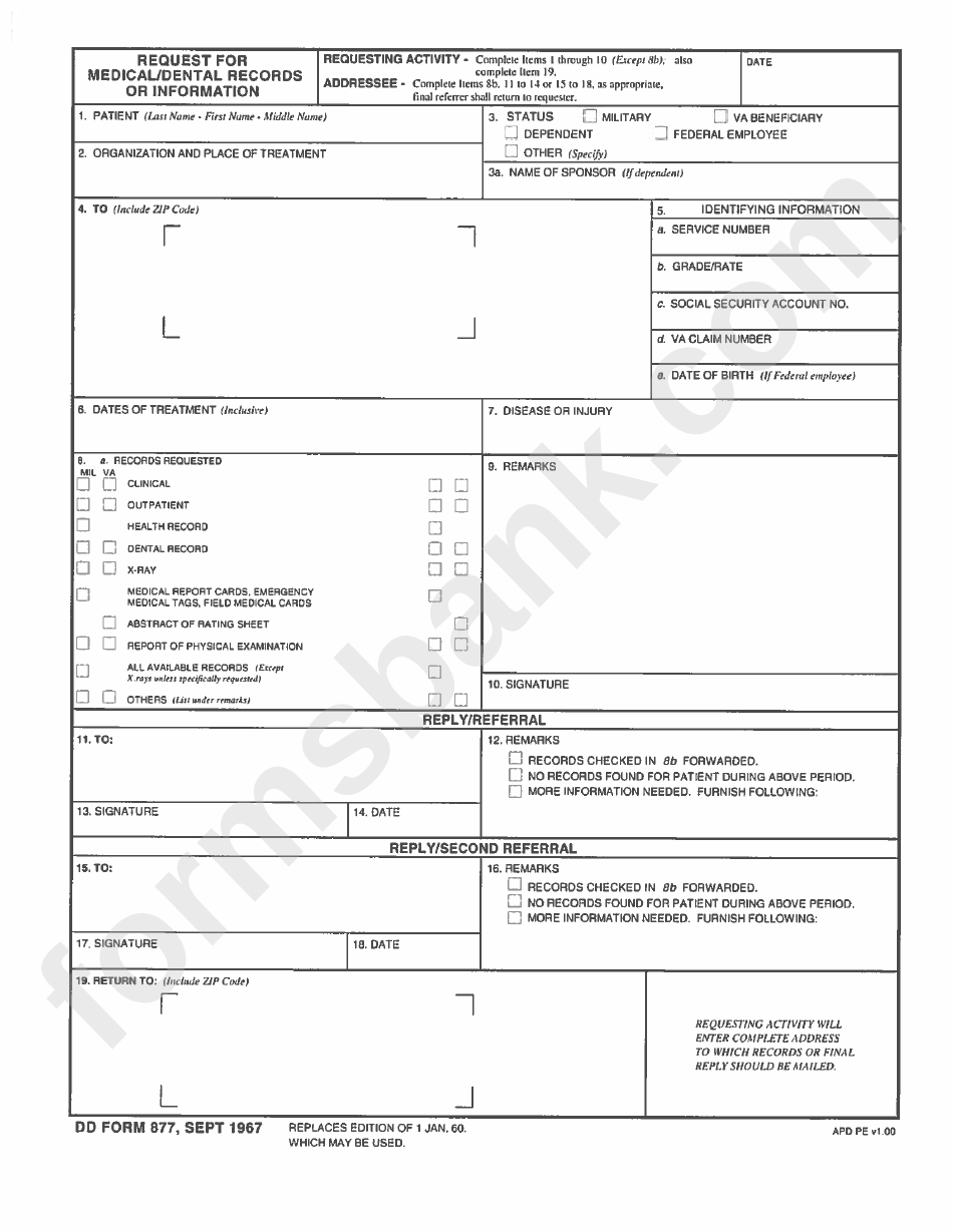 Form 877 - Request For Medical / Dental Records Of Information