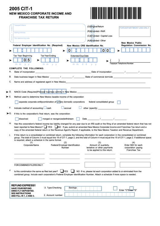 Fillable Form Cit-1 - New Mexico Corporate Income And Franchise Tax Return - 2005 Printable pdf