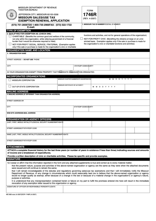 Fillable Form 1746r - Missouri Sales/use Tax Exemption Renewal Application - 2007 Printable pdf