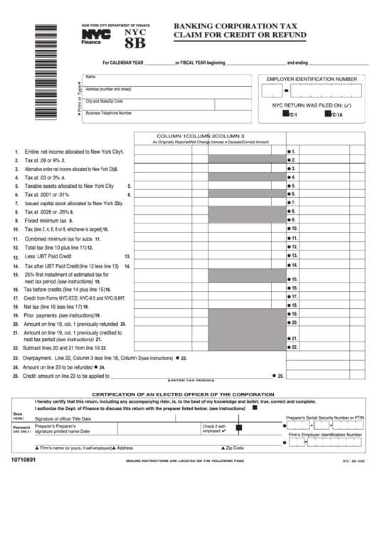 Form Nyc 8b - Banking Corporation Tax Claim For Credit Or Refund - 2008 Printable pdf