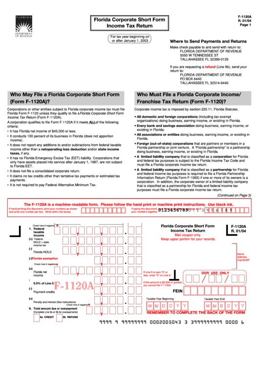 Form F-1120a - Florida Corporate Short Form Income Tax Return Printable pdf