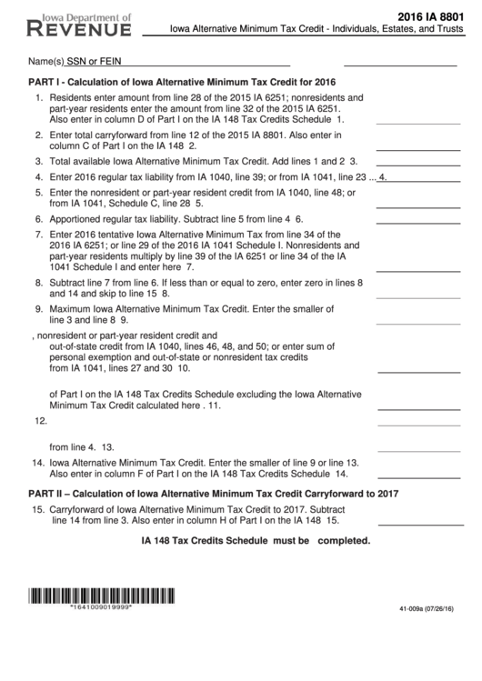 Fillable Form Ia 8801 - Iowa Alternative Minimum Tax Credit - Individuals, Estates, And Trusts - 2016 Printable pdf