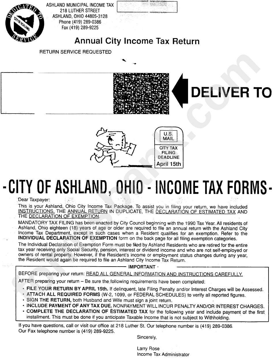 Instructions For Annual City Of Ashland Income Tax Return Form