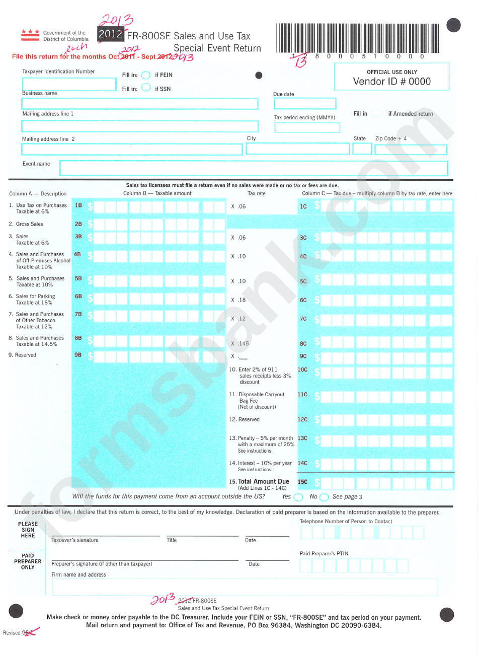 Form Fr-800se Draft - Sales And Use Tax Special Event Return - 2013