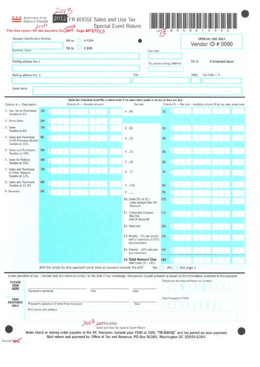 Form Fr-800se Draft - Sales And Use Tax Special Event Return - 2013 Printable pdf