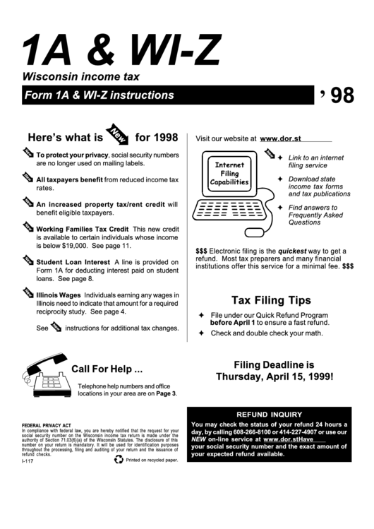 Instructions For Wisconsin Income Tax Form 1a/wi-Z - 1998 Printable pdf
