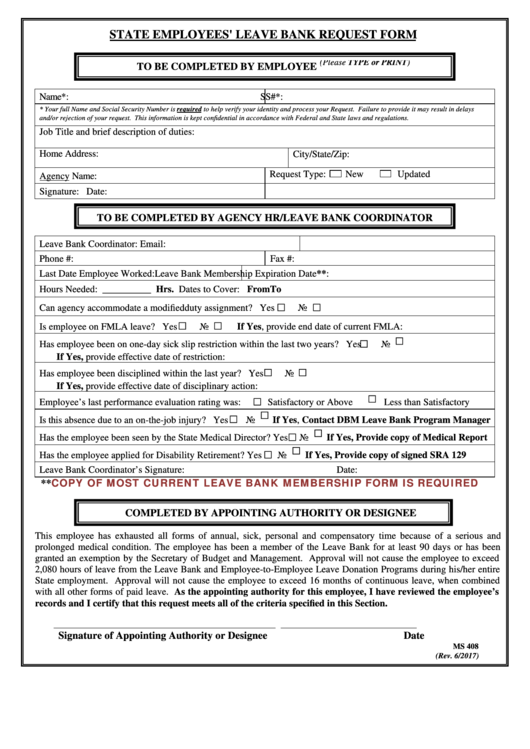 Form Ms 408 - State Employees' Leave Bank Request Form