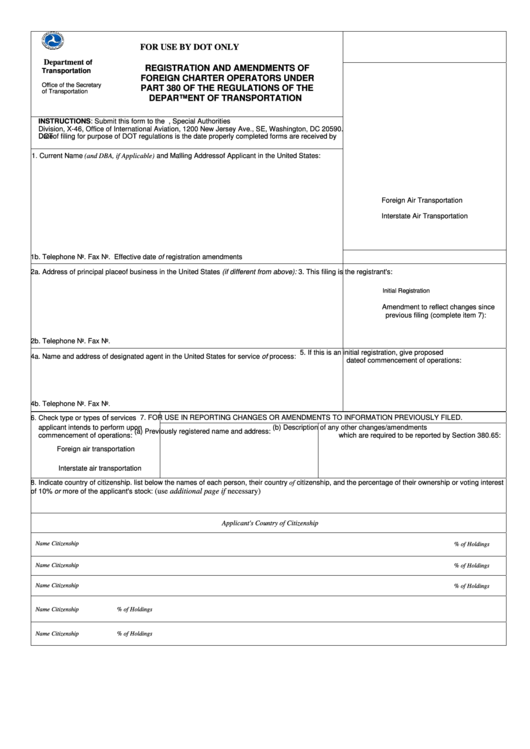 Fillable Form 4530 - Registration And Amendments Of Foreign Charter Operators Under Part 380 Of The Regulations Of The Department Of Transportation - U.s. Department Of Transportation Printable pdf