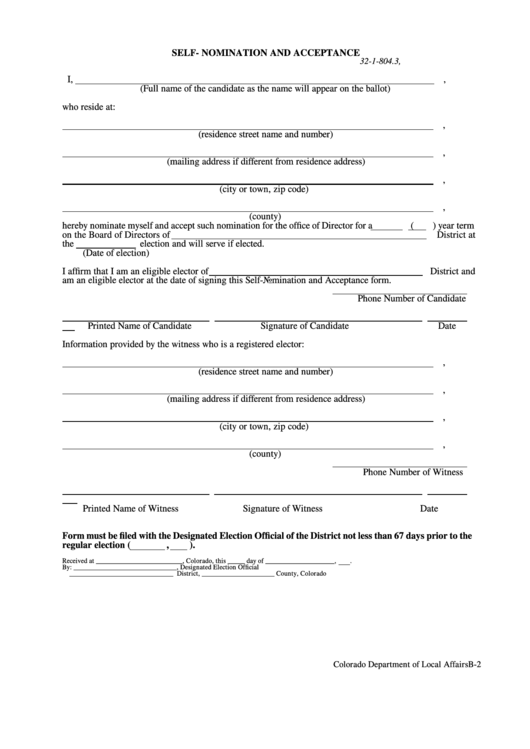 Form B-2 - Self- Nomination And Acceptance - Colorado Department Of Local Affairs Printable pdf