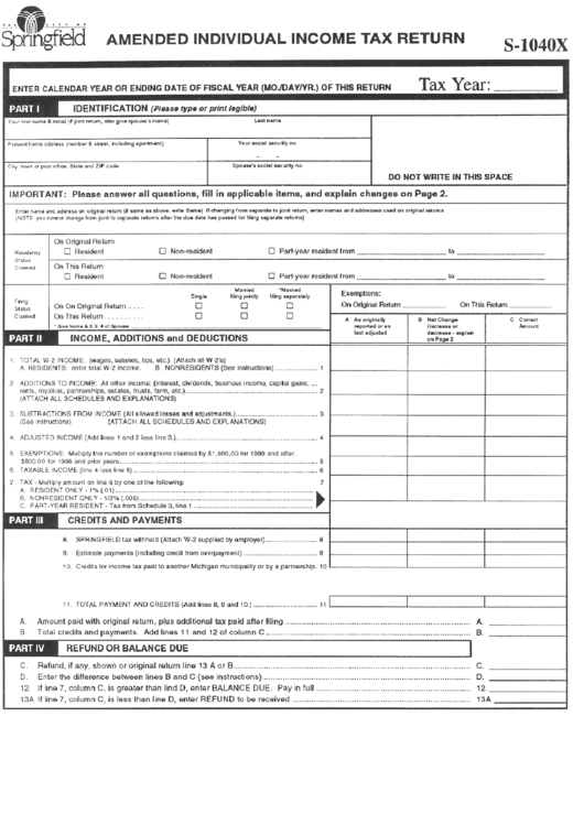 Form S-1040x - City Of Springfield Amended Individual Income Tax Return Printable pdf