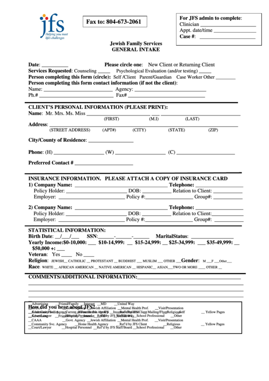 General Intake Form - Jewish Family Services Printable pdf