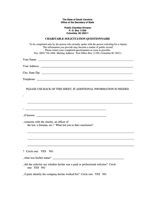 Charitable Solicitation Questionnaire - South Carolina Secretary Of State Printable pdf