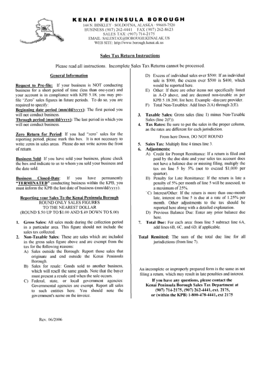 Sales Tax Return Instructions - Kenai Peninsula Borough Sales Tax Department Printable pdf