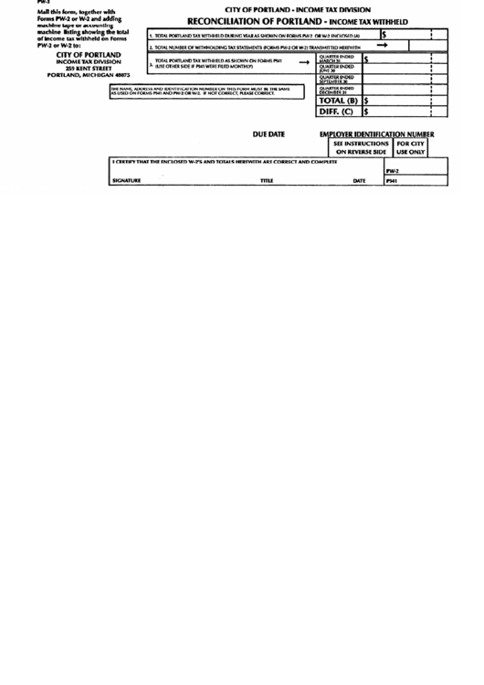 Form Pw3 Reconciliation Of Portland Tax Withheld printable pdf download