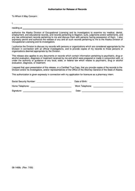 Form 08-1468c - Authorization For Release Of Records - Alaska Division Of Occupational Licensing Printable pdf