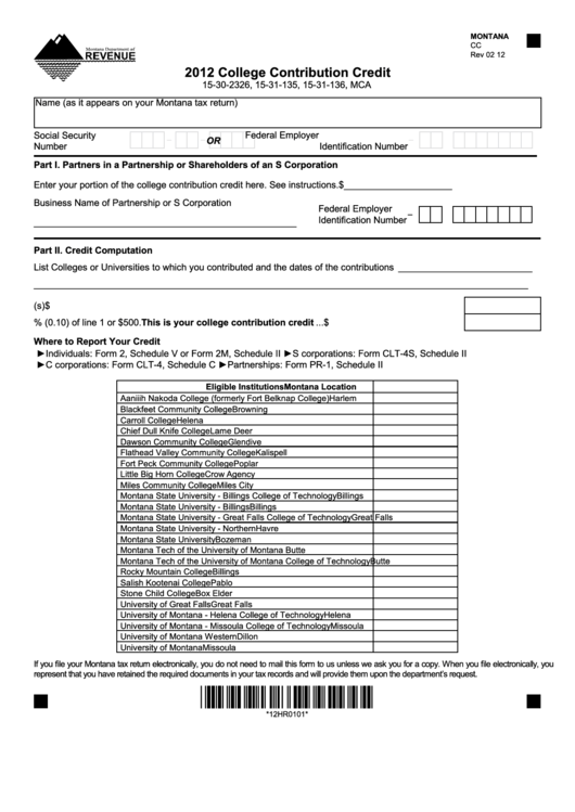 Montana Form Cc - College Contribution Credit - 2012 Printable pdf