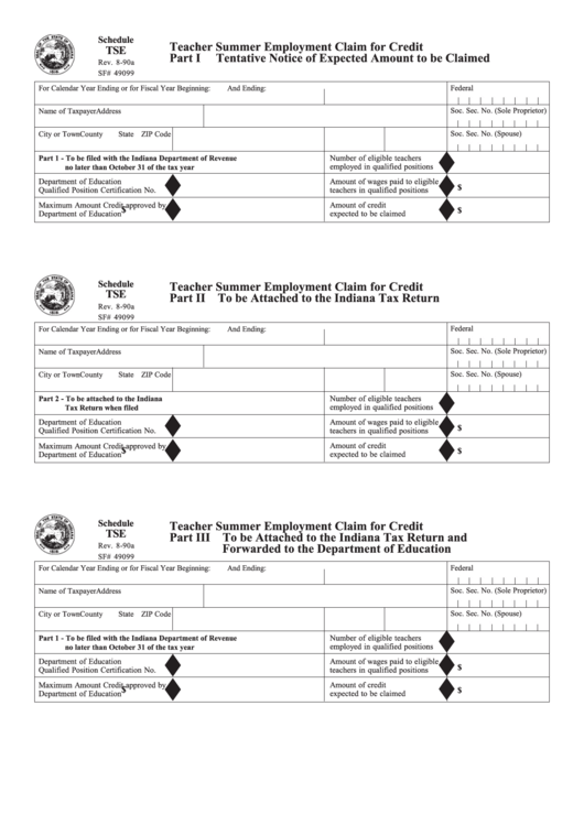Schedule Tse - Teacher Summer Employment Claim For Credit - Indiana Department Of Revenue Printable pdf