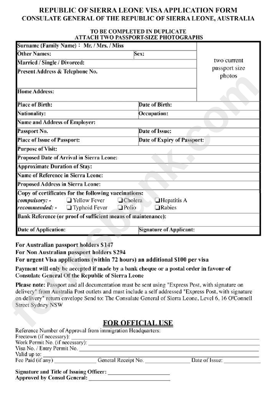Republic Of Sierra Leone Visa Application Form - Consulate General Of The Republic Of Sierra Leone, Australia