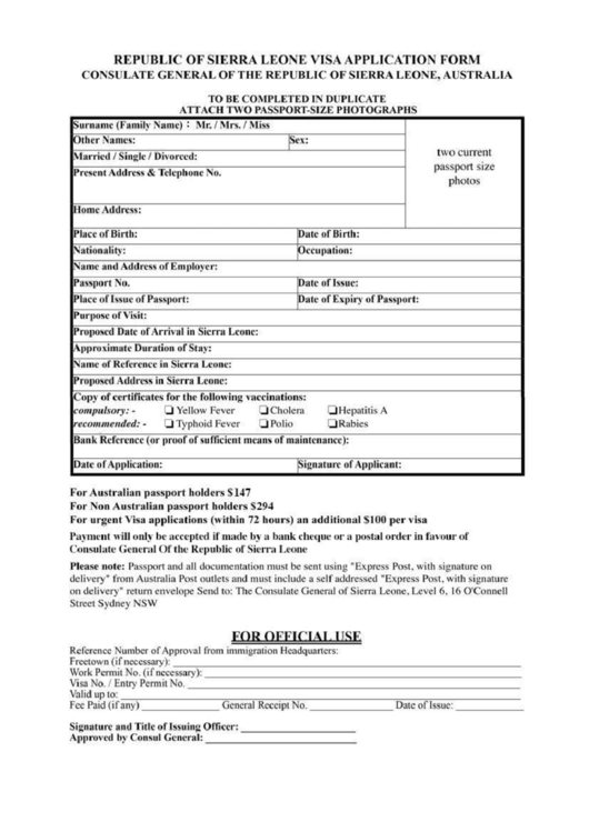 Republic Of Sierra Leone Visa Application Form - Consulate General Of The Republic Of Sierra Leone, Australia Printable pdf
