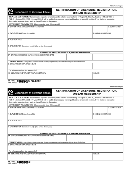 Fillable Va Form 4682-2 - Certification Of Licensure, Registration, Or Bar Membership Printable pdf
