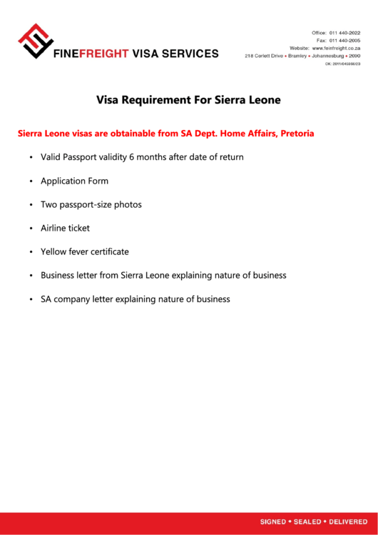 Visa Requirement For Sierra Leone Printable pdf